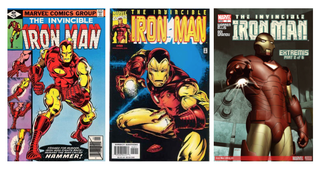 Iron Man covers in 1972, 2001, and 2004, respectively; Radix was published in 2001